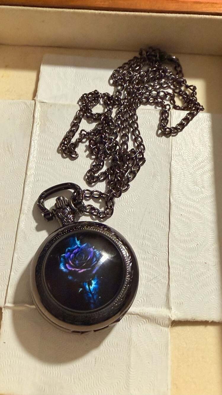 Blue Rose Floral Design Quartz Pocket Watch Necklace